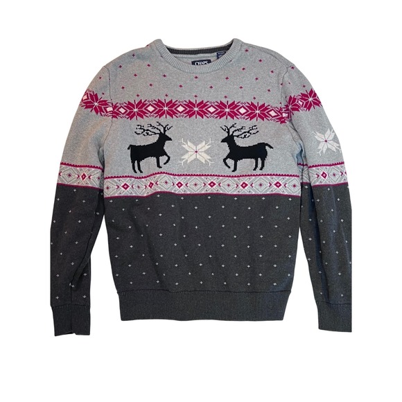 CHAPS Mens XL/TG Ugly Christmas Sweater Reindeer Snowflake Gray Red Cotton - Picture 1 of 7